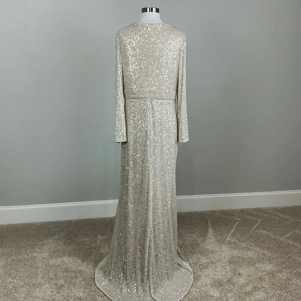 Mac Duggal 26490 Champagne Gold Evening Gown Sequined Long Sleeve Dress Size 16